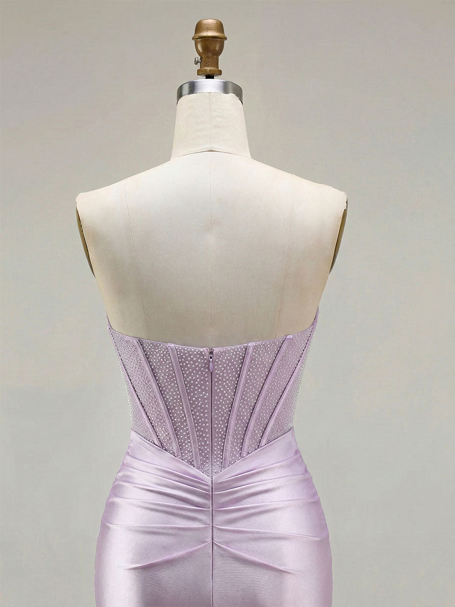 Lilac Satin Strapless Beaded Bodice Cowl Neck Corset Prom Dress