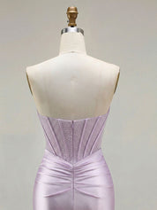 Lilac Satin Strapless Beaded Bodice Cowl Neck Corset Prom Dress