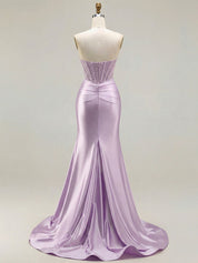 Lilac Satin Strapless Beaded Bodice Cowl Neck Corset Prom Dress