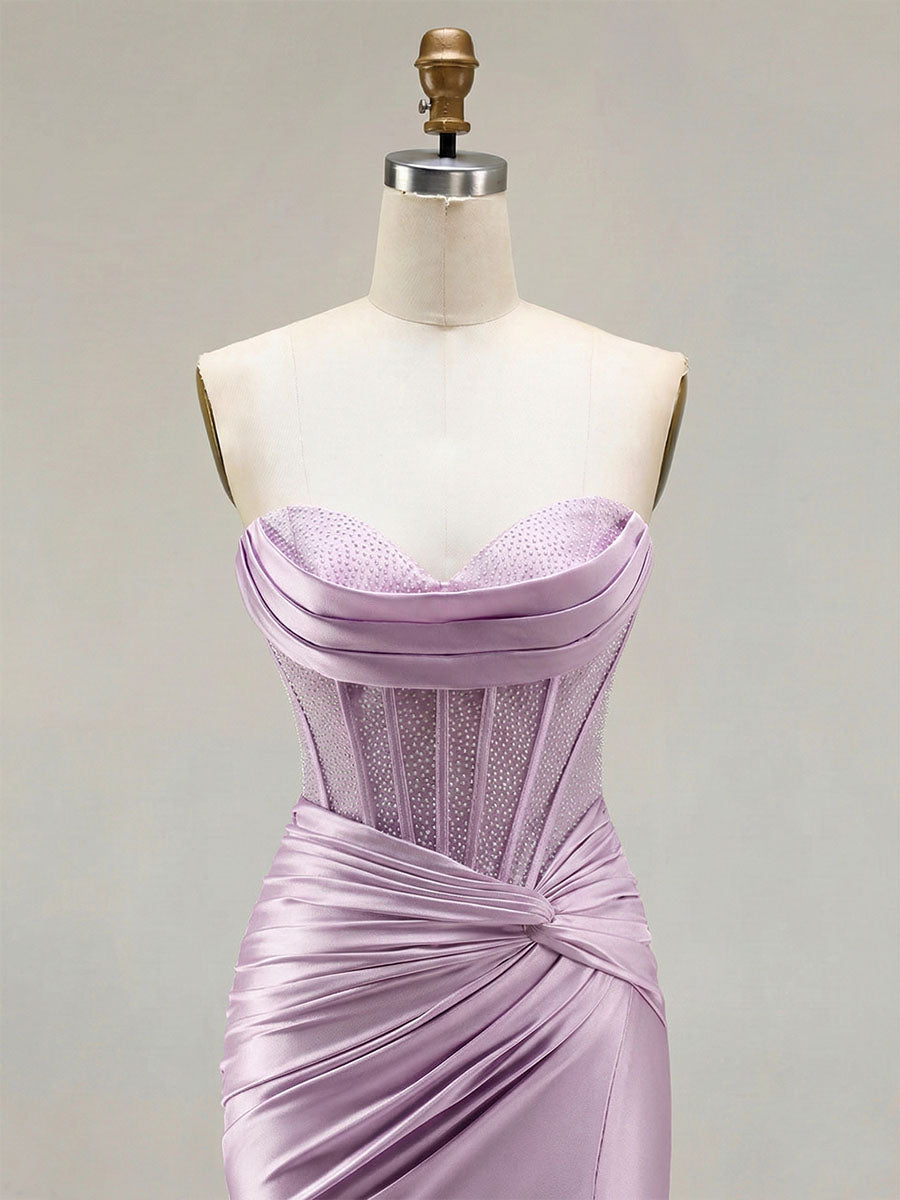 Lilac Satin Strapless Beaded Bodice Cowl Neck Corset Prom Dress