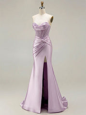 Lilac Satin Strapless Beaded Bodice Cowl Neck Corset Prom Dress
