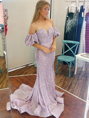 Lilac Sequin Off-the-Shoulder Puff Sleeve Prom Dress