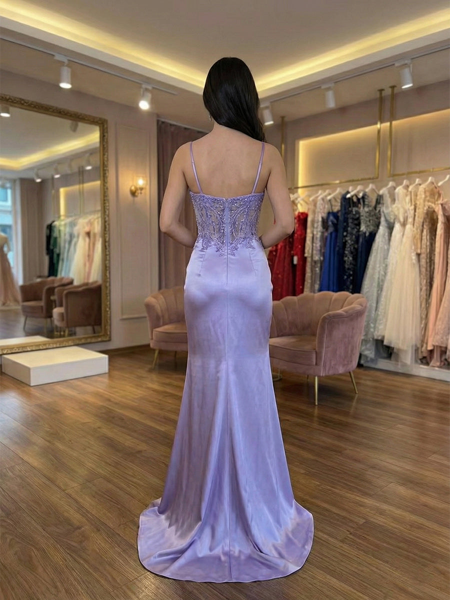 Lilac Spaghetti Straps Beaded Corset Satin Prom Dress with Slit