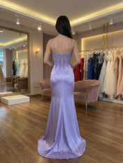Lilac Spaghetti Straps Beaded Corset Satin Prom Dress with Slit