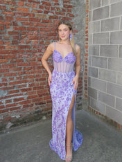 Lilac Spaghetti Straps Corset Embellished Prom Dress with Slit