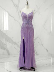 Lilac Starburst  Plunging V-Neck Sequin Long Prom Dress with Slit