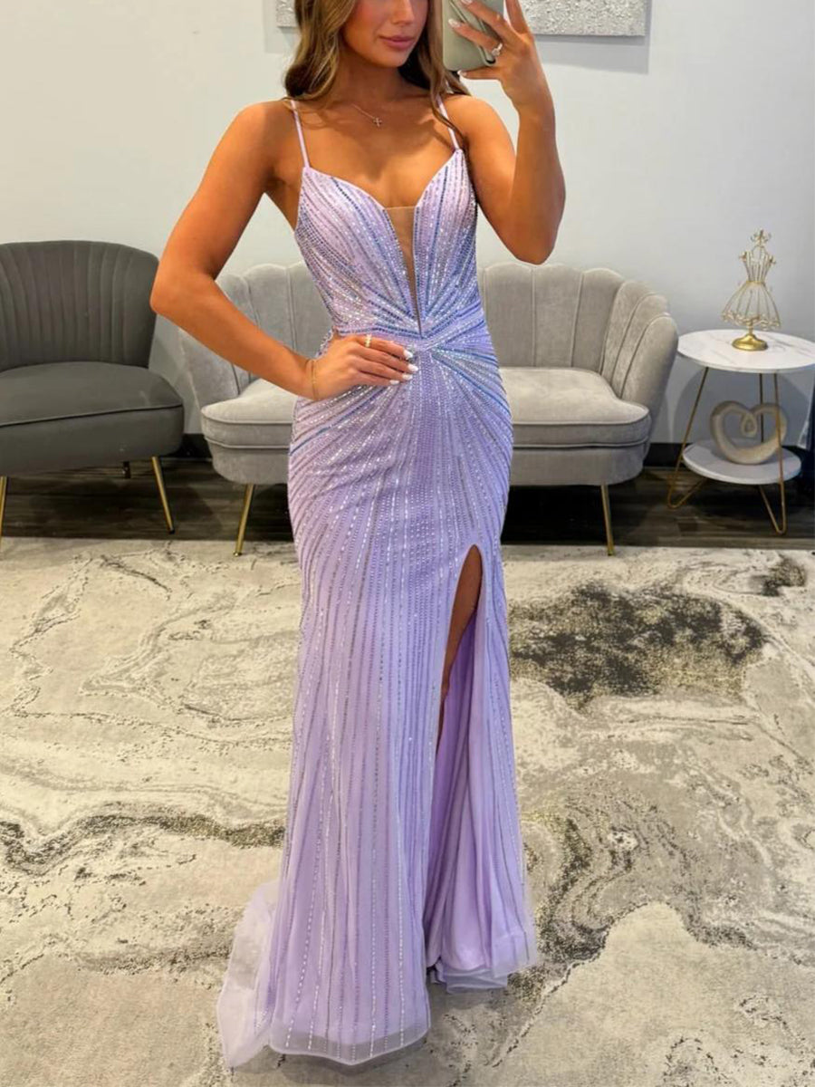 Lilac Starburst Sequin Long Prom Dress with Slit
