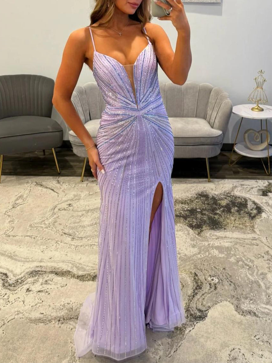 Lilac Starburst Sequin Long Prom Dress with Slit