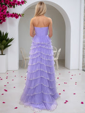Lilac Strapless Sequin-Trimmed Tiered Ruffles Tulle Prom Dress with Slit