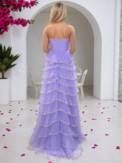 Lilac Strapless Sequin-Trimmed Tiered Ruffles Tulle Prom Dress with Slit