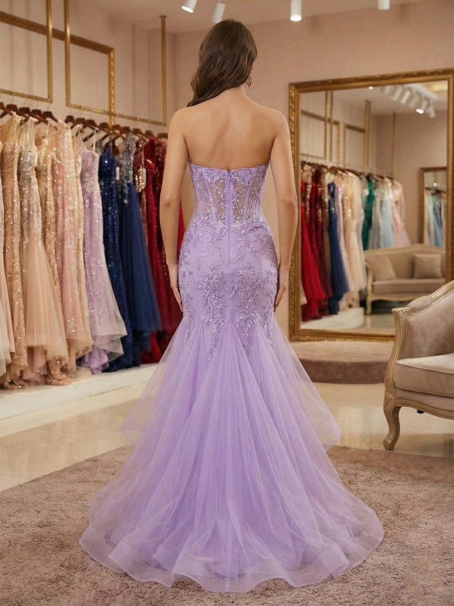 Lilac Strapless Sweetheart Lace Applique Mermaid Prom Dress