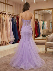 Lilac Strapless Sweetheart Lace Applique Mermaid Prom Dress