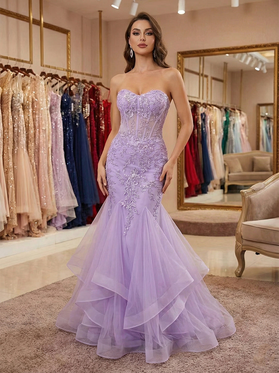 Lilac Strapless Sweetheart Lace Applique Mermaid Prom Dress