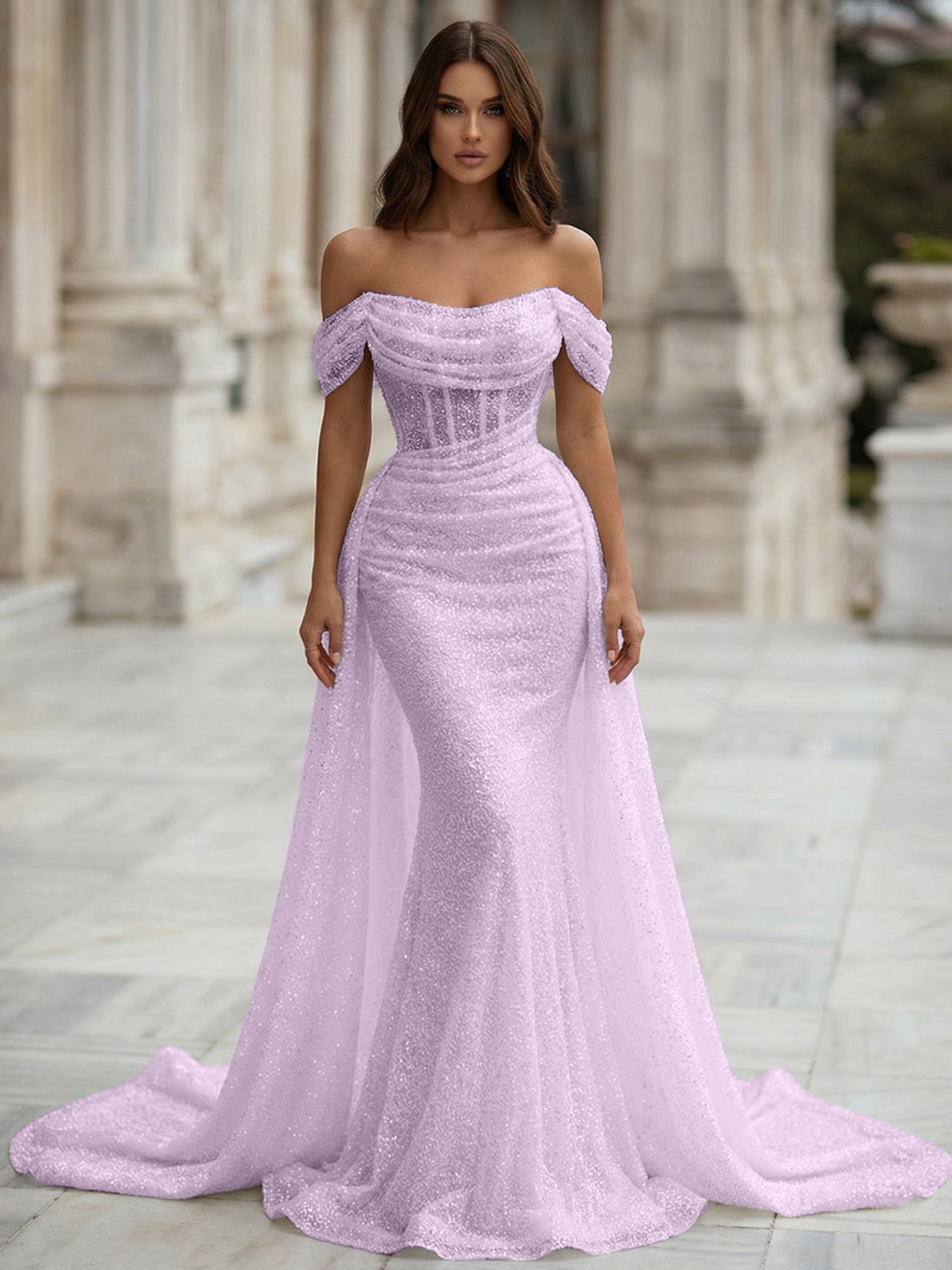 White Sequin Corset Mermaid Prom Dress with Overskirt