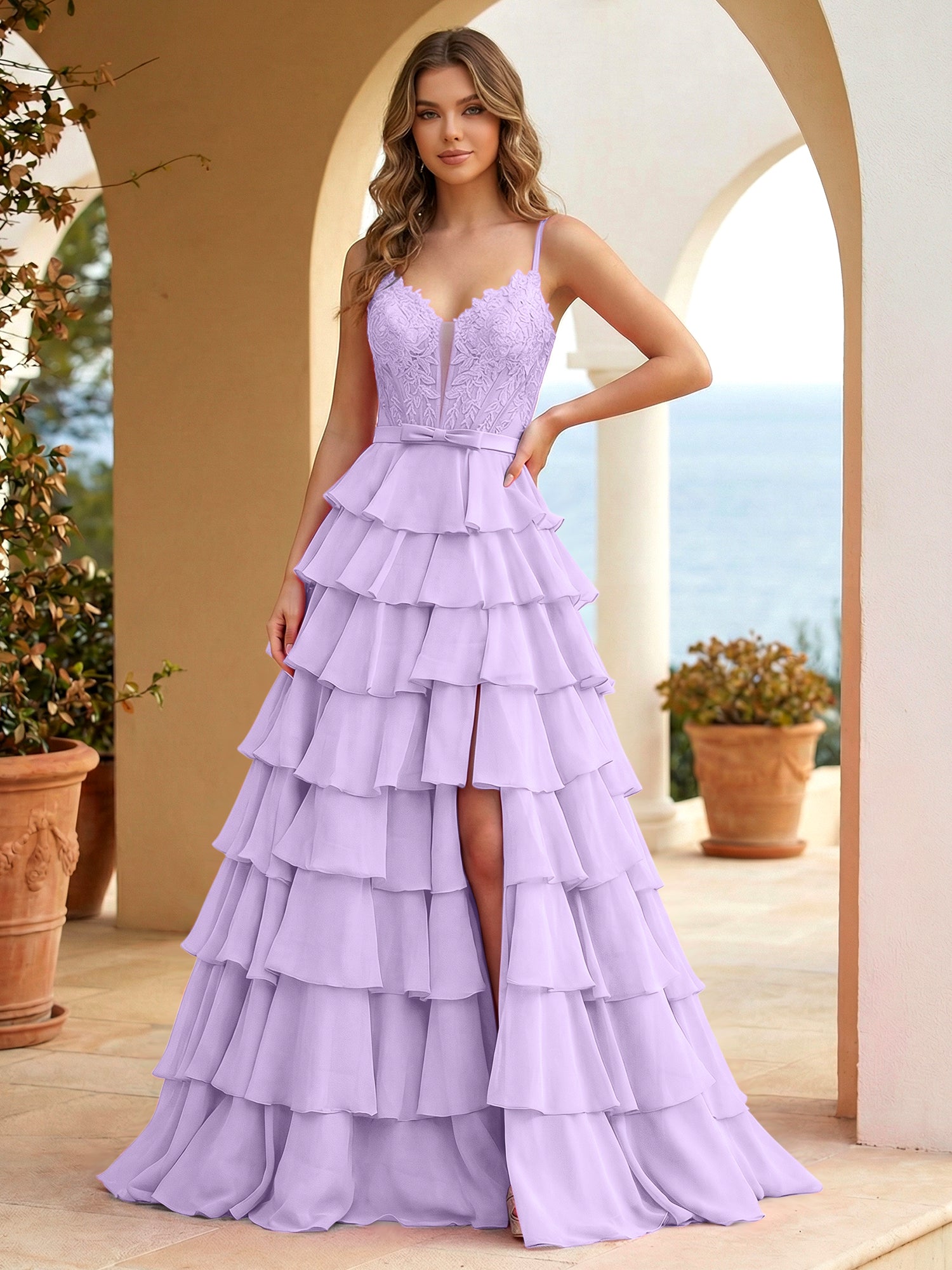 Pink Lace Corset Tiered Ruffle Long Prom Dress