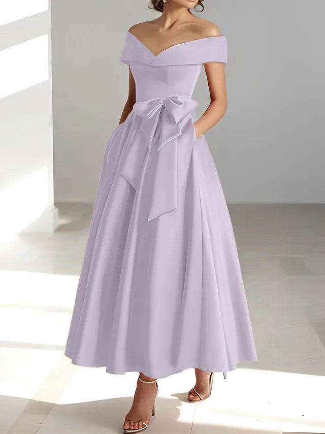Princess Off-the-Shoulder Sleeveless Ankle-Length Mother of the Bride Dresses with Pockets