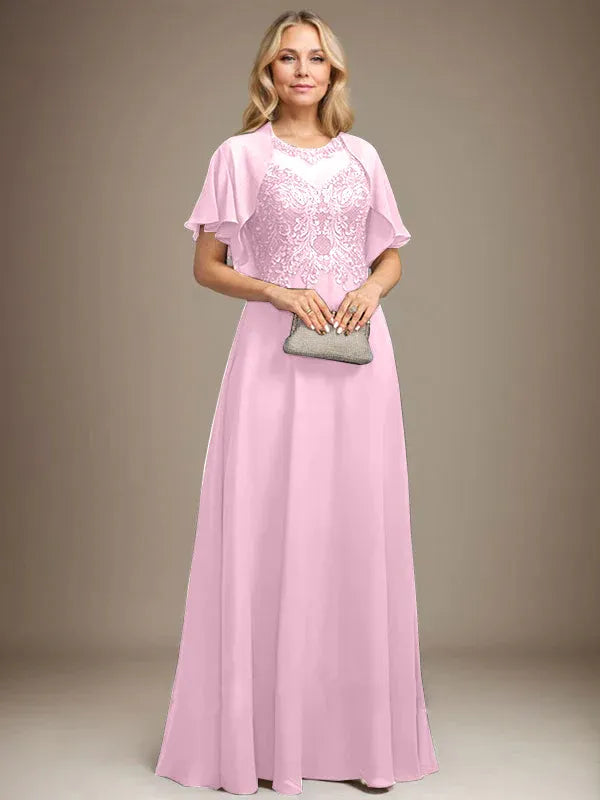 A-line Scoop Illusion Floor-Length Lace Chiffon Mother of the Bride Dress With Sequins