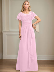 A-line Asymmetrical Illusion Floor-Length Lace Chiffon Mother of the Bride Dress With Cascading Ruffles Sequins