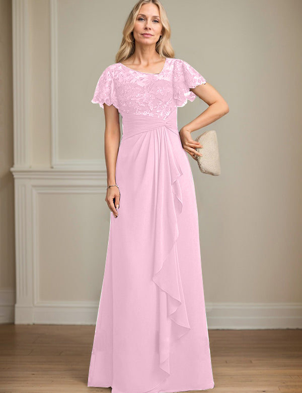A-line Asymmetrical Illusion Floor-Length Lace Chiffon Mother of the Bride Dress With Cascading Ruffles Sequins