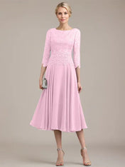 A-line Scoop Tea-Length Lace Chiffon Mother of the Bride Dress