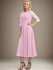 A-line Scoop Tea-Length Lace Chiffon Mother of the Bride Dress With Sequins