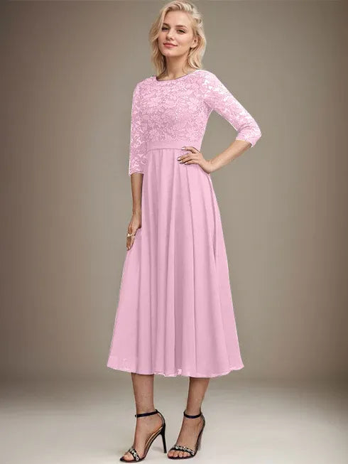 A-line Scoop Tea-Length Lace Chiffon Mother of the Bride Dress With Sequins