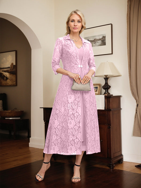 A-line V-Neck Tea-Length Chiffon Mother of the Bride Dress