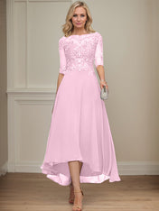 A-line Boat Neck Illusion Asymmetrical Chiffon Lace Mother of the Bride Dress With Sequins Beading