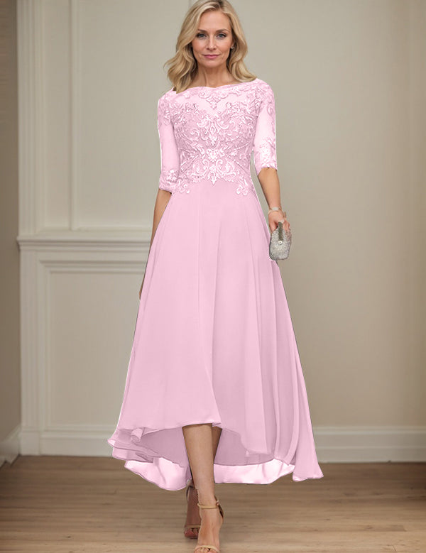 A-line Boat Neck Illusion Asymmetrical Chiffon Lace Mother of the Bride Dress With Sequins Beading