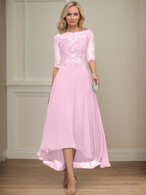 A-line Boat Neck Illusion Asymmetrical Chiffon Lace Mother of the Bride Dress With Sequins Beading