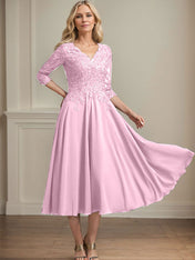 A-line V-Neck Tea-Length Chiffon Lace Mother of the Bride Dress With Beading Sequins