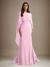 Robe de mère de la mariée en mousseline, coupe fourreau/colonne, col bateau, longueur ras du sol, avec volants en cascade 