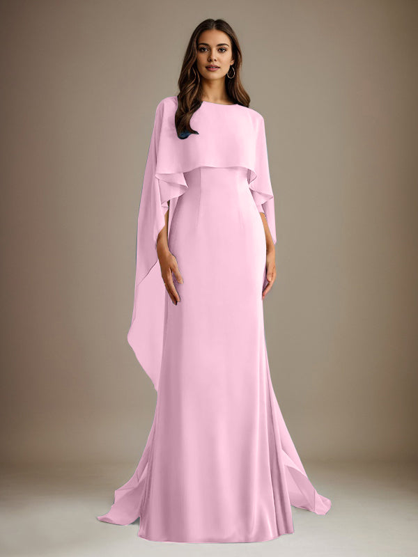 Robe de mère de la mariée en mousseline, coupe fourreau/colonne, col bateau, longueur ras du sol, avec volants en cascade 