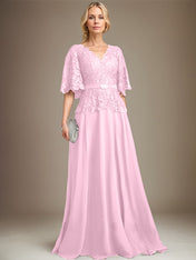 A-line V-Neck Floor-Length Chiffon Lace Mother of the Bride Dress With Crystal Brooch Rhinestone