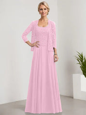 Robe de mère de la mariée trapèze carrée, longueur au sol, en mousseline de soie et dentelle, avec paillettes 