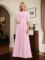 A-line Scoop Illusion Floor-Length Chiffon Lace Mother of the Bride Dress With Pleated Sequins