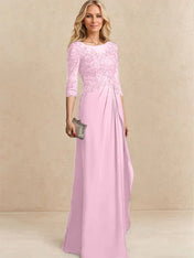 A-line Scoop Illusion Floor-Length Chiffon Lace Mother of the Bride Dress With Beading Sequins Cascading Ruffles
