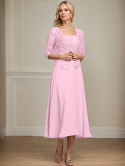 A-line Square Tea-Length Chiffon Lace Mother of the Bride Dress With Sequins Beading