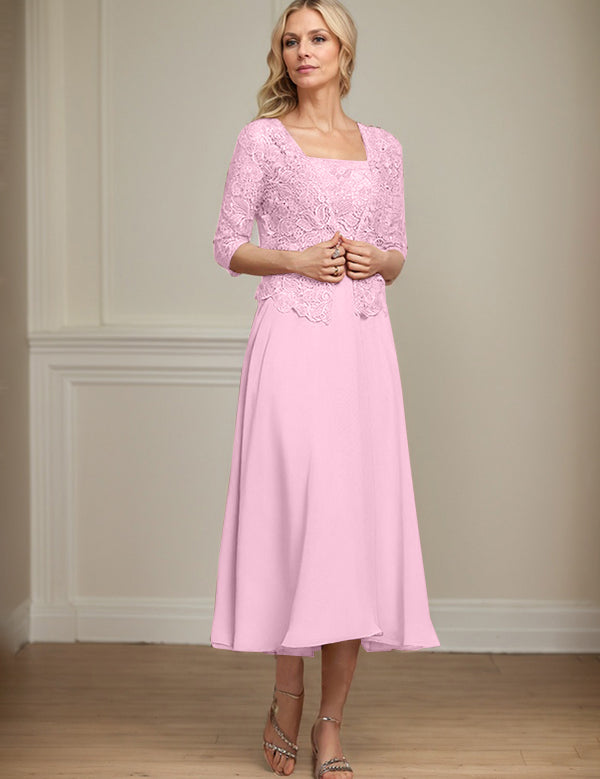 A-line Square Tea-Length Chiffon Lace Mother of the Bride Dress With Sequins Beading