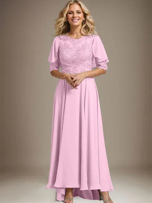 A-line Scoop Illusion Asymmetrical Chiffon Lace Mother of the Bride Dress With Beading