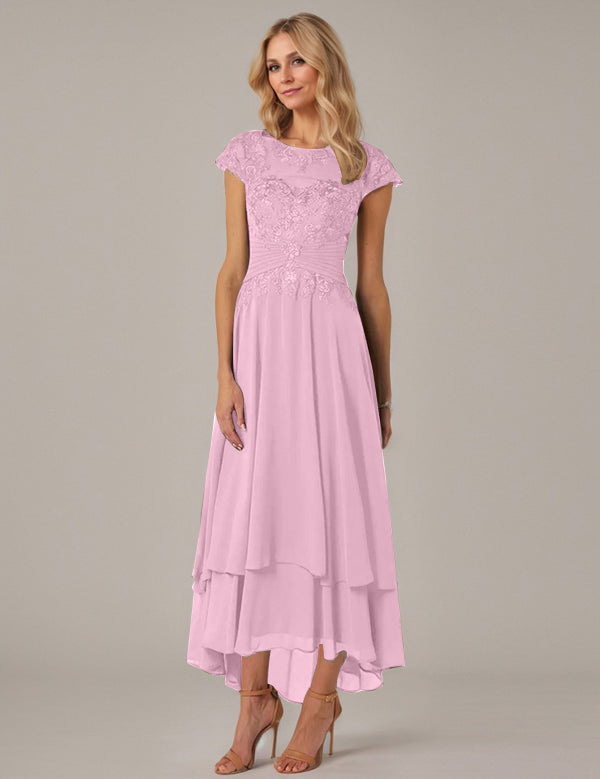 A-line Boat Neck Illusion Asymmetrical Chiffon Lace Mother of the Bride Dress With Applique Pleats