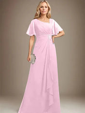 A-line Asymmetrical Floor-Length Chiffon Mother of the Bride Dress With Pleated Beading Sequins