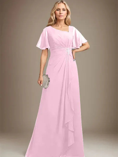 A-line Asymmetrical Floor-Length Chiffon Mother of the Bride Dress With Pleated Beading Sequins