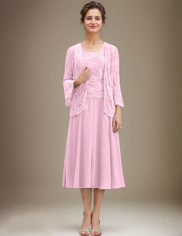 A-line Scoop Tea-Length Lace Chiffon Mother of the Bride Dress With Sequins