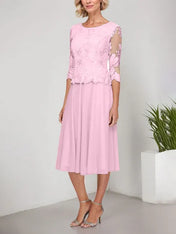A-line Scoop Tea-Length Lace Chiffon Mother of the Bride Dress With Embroidery