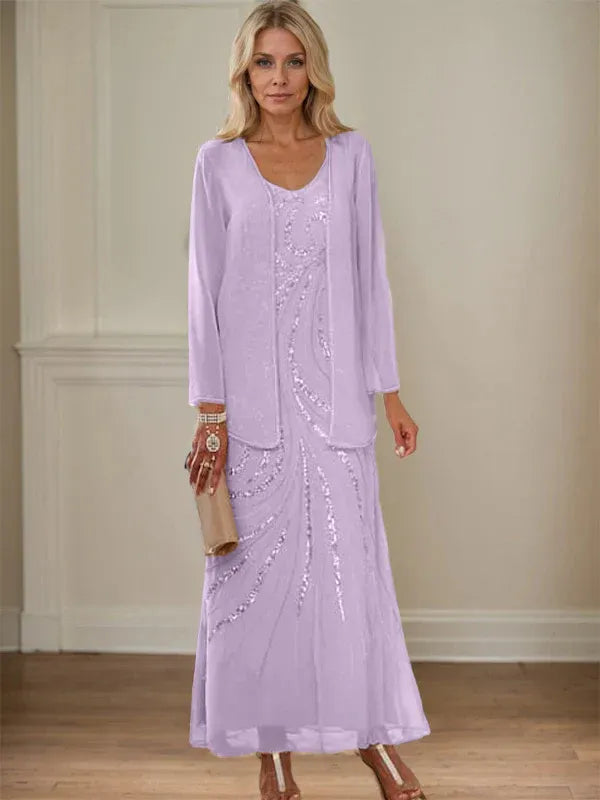 Robe de mère de la mariée fourreau/colonne, col en V, longueur cheville, avec veste et paillettes 