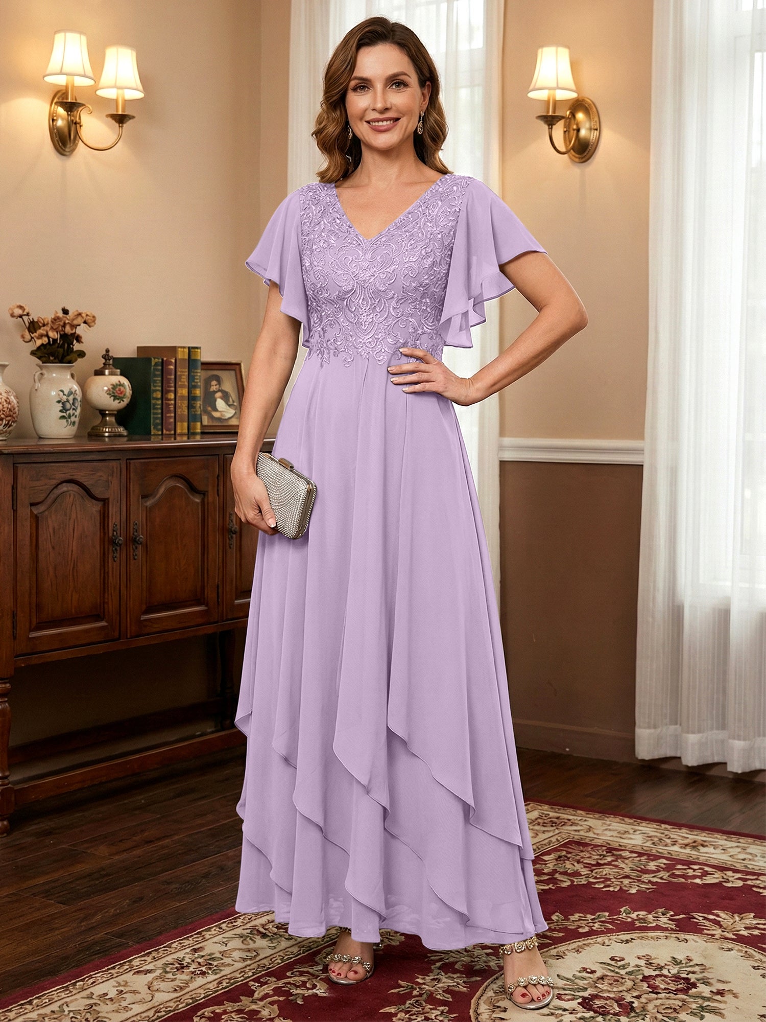 A-line V-Neck Ankle-Length Lace Chiffon Mother of the Bride Dress With Cascading Ruffles