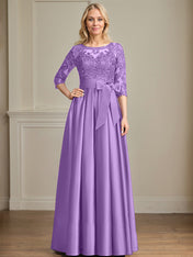 A-line Scoop Illusion Floor-Length Satin Lace Mother of the Bride Dress With Sequins Bow