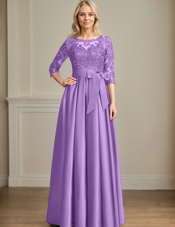 A-line Scoop Illusion Floor-Length Satin Lace Mother of the Bride Dress With Sequins Bow