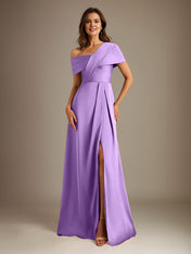 A-Line Asymmetrical Neckline Floor-Length Satin Mother of the Bride Dress With Pleated